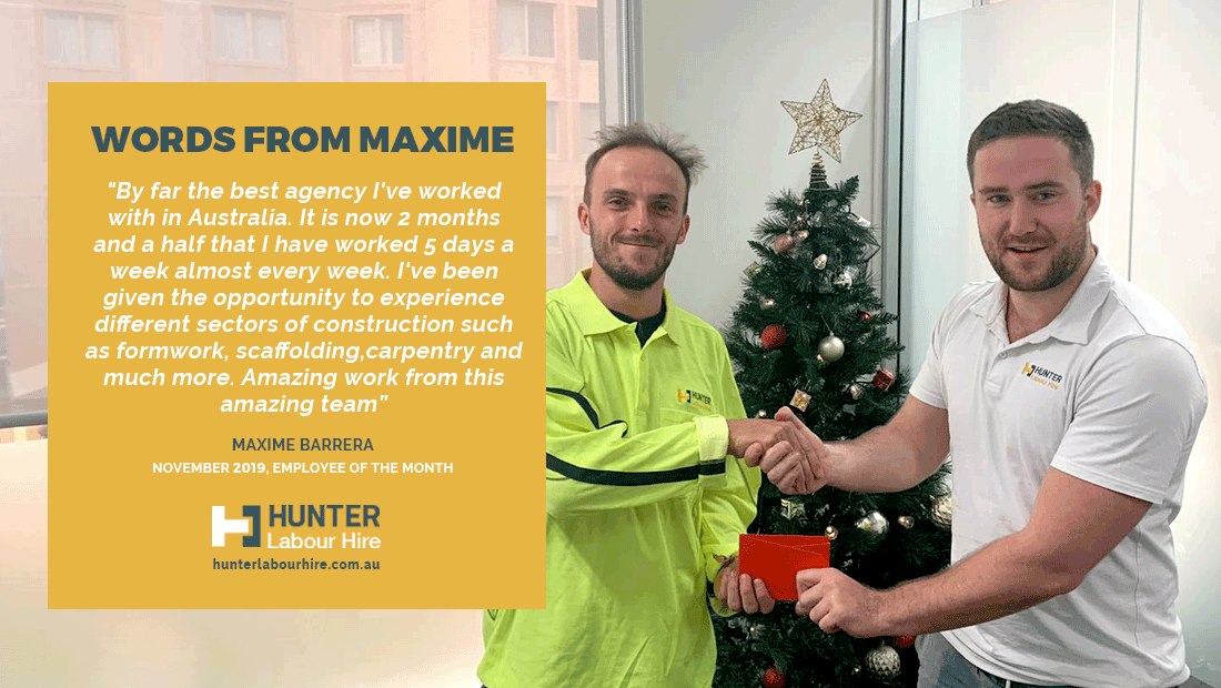 Maxime Barrera - Employee of the Month November 2019 - Hunter Labour Hire Sydney