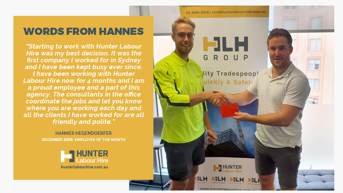 Employee of the Month - December 19 Hannes Hegendoerfer - Hunter Labour Hire Sydney