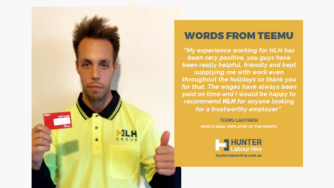 Employee of the Month - March 2020 Testimonial Teemu Lahtinen - Hunter Labour Hire